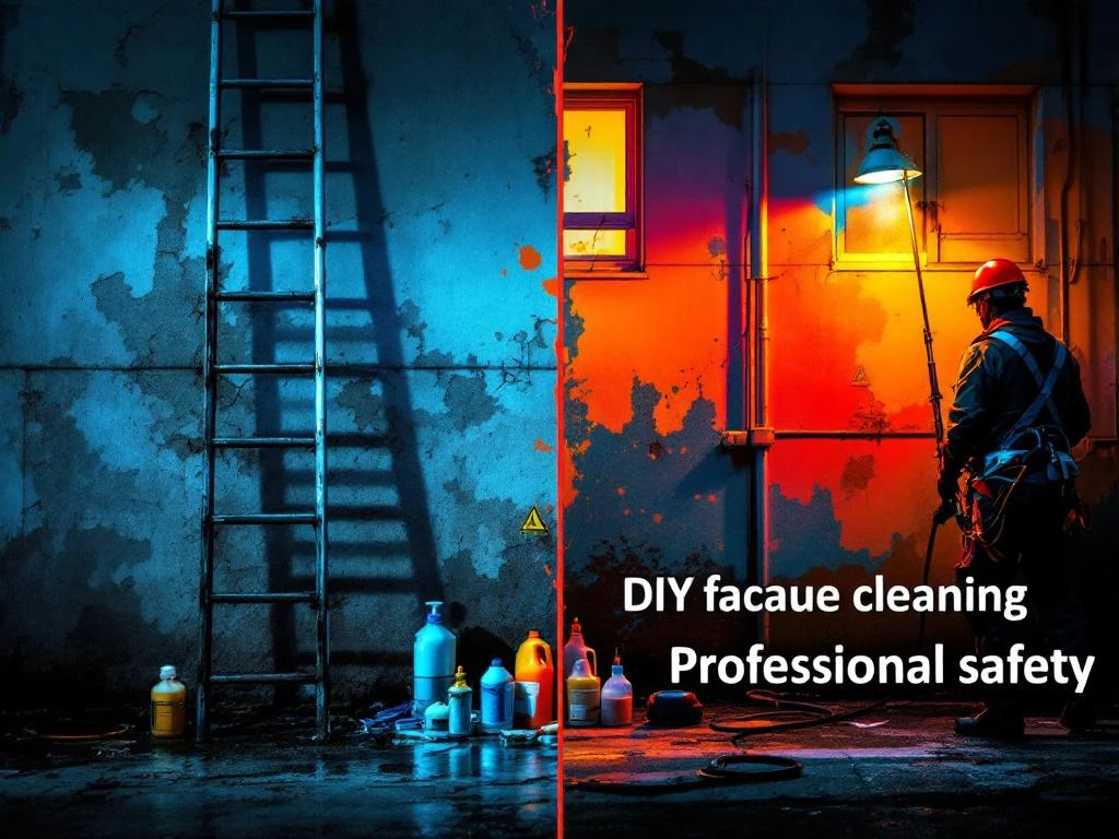 Vergelijking van gevaarlijke doe-het-zelf gevelreiniging met ladder en chemicaliën versus professionele reiniging met veiligheidsuitrusting