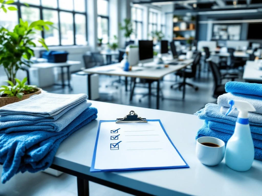 Moderne kantoorruimte met georganiseerde bureaus, computers en schoonmaakbenodigdheden in professionele omgeving