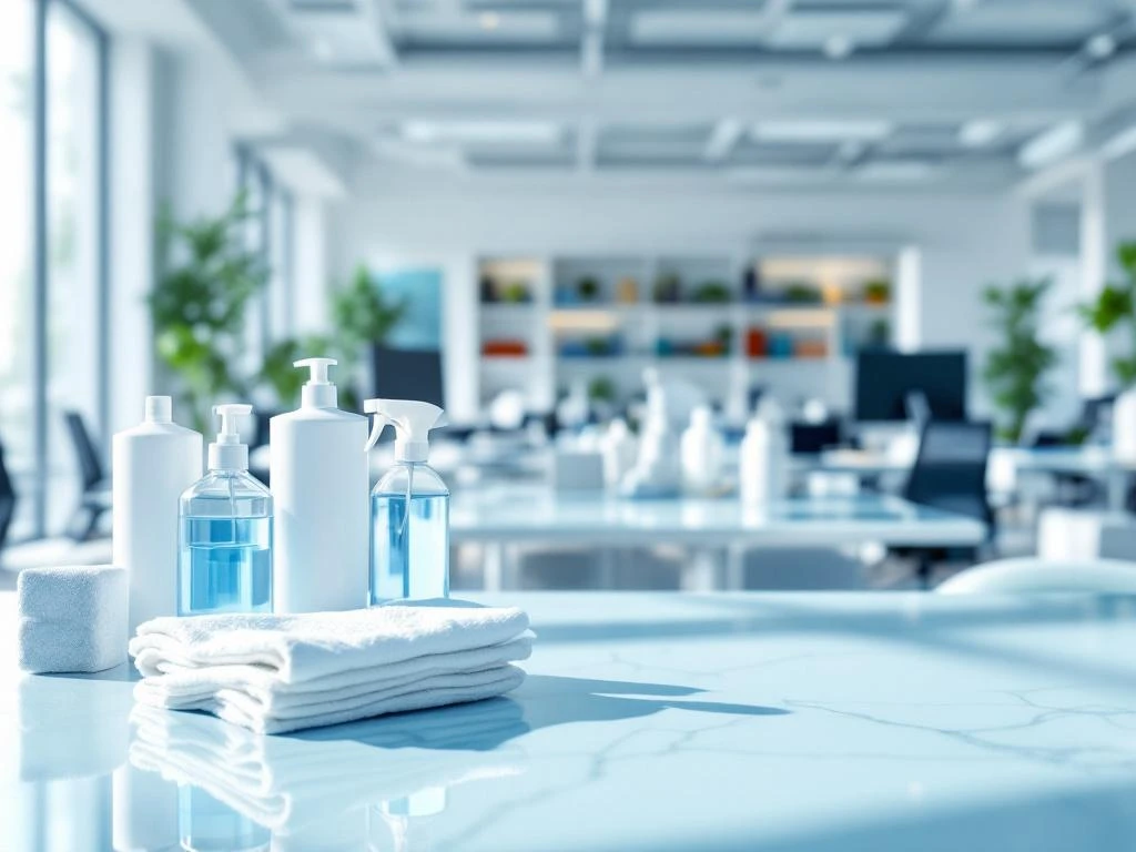 Schone moderne kantooromgeving met professionele schoonmaakproducten en gedesinfecteerde werkplekken in helder licht