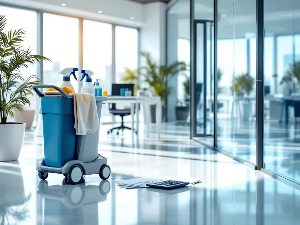 Moderne kantoorruimte met professionele schoonmaakkar, glanzende vloeren en spotloze glazen oppervlakken