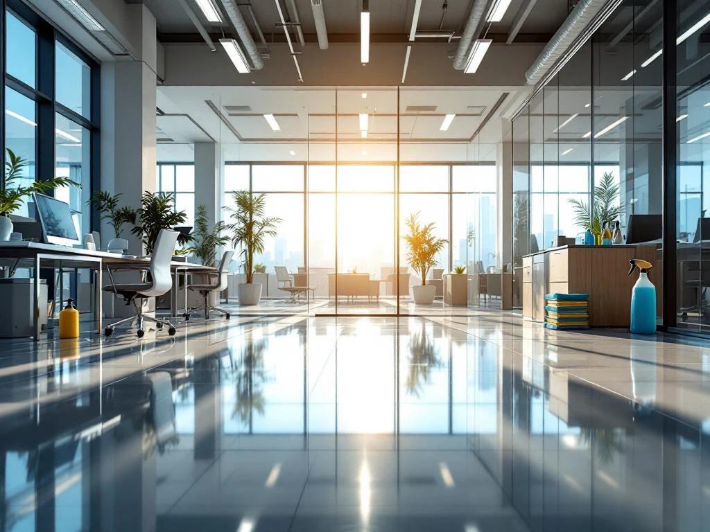 Schone moderne kantoorruimte met gepolijste vloeren, glazen wanden en professionele schoonmaakapparatuur