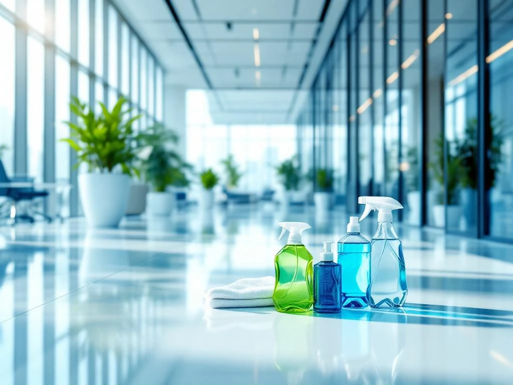 Moderne kantoorruimte met glazen wanden en professionele schoonmaakproducten op wit oppervlak, natuurlijk licht