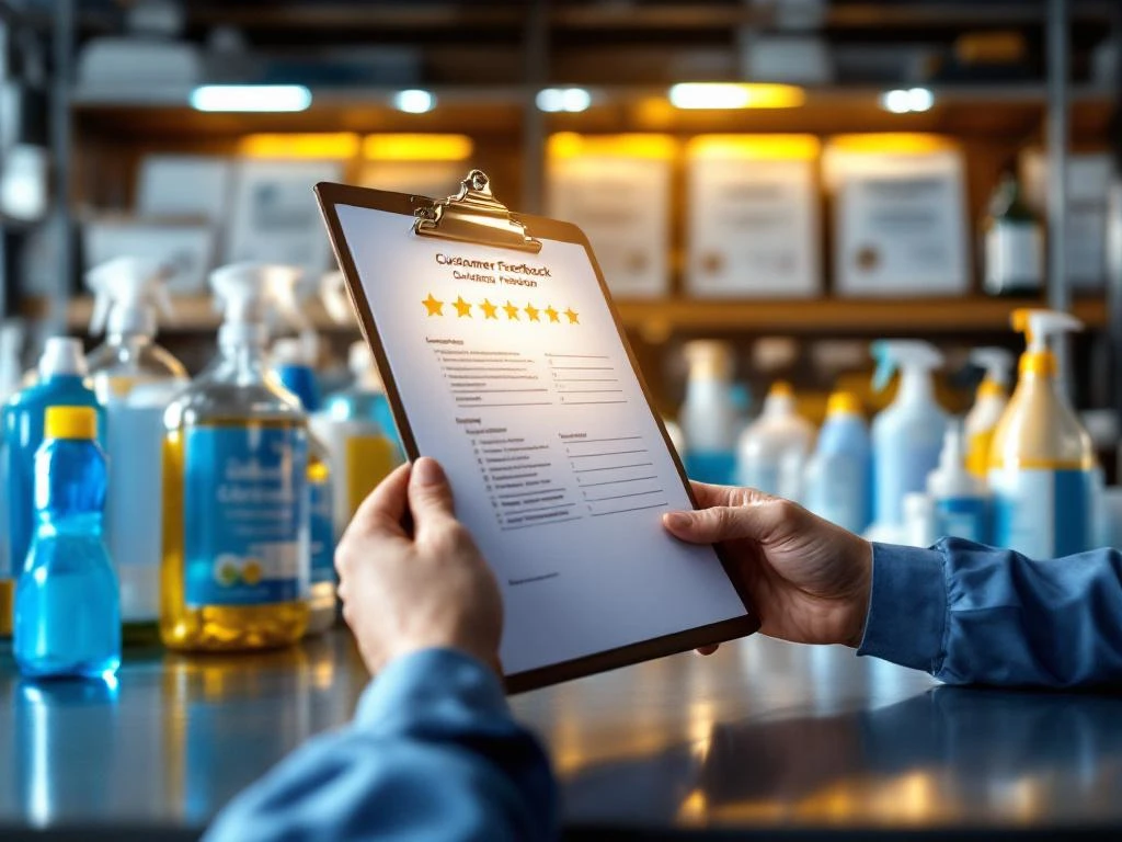 Professionele handen met klantenfeedbackformulieren en sterrenbeoordelingen tussen schoonmaakmiddelen op magazijnplank