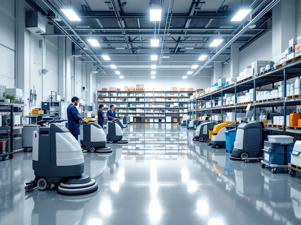 Moderne schone magazijnruimte met professionele schoonmaakapparatuur, georganiseerde voorraad en LED-verlichting
