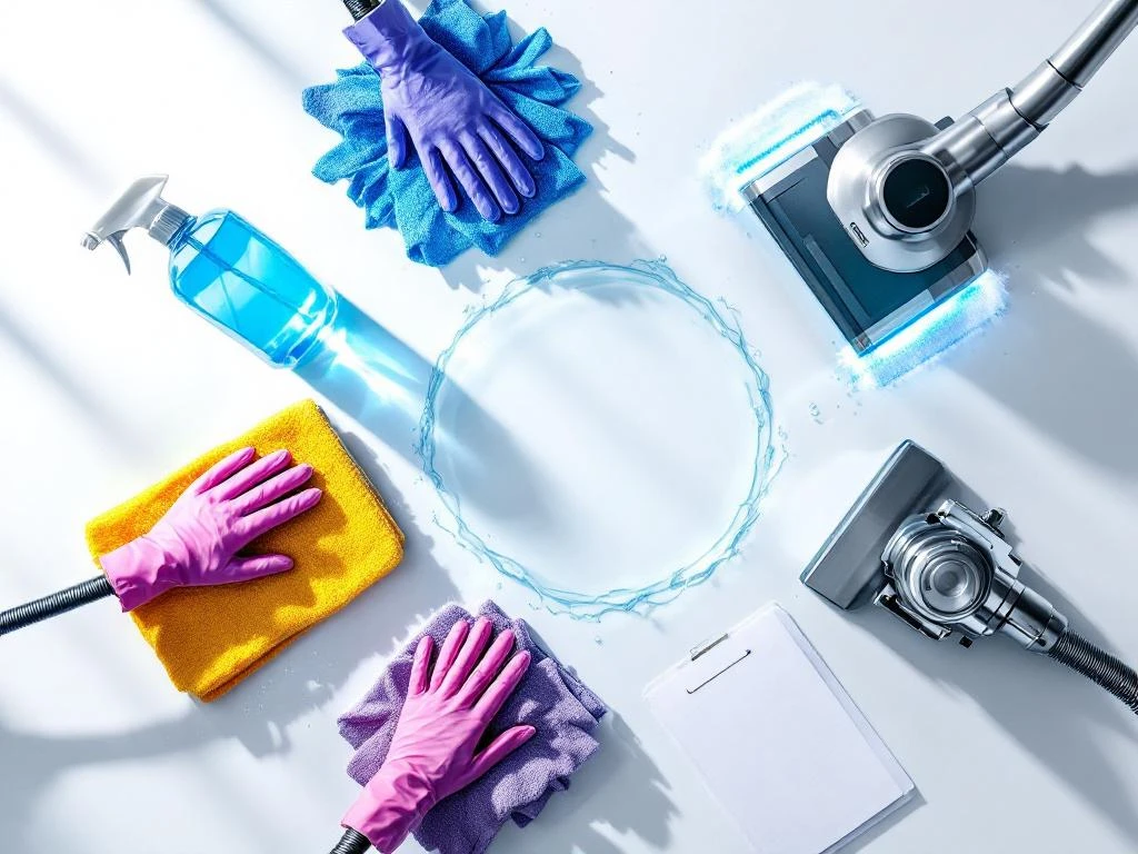 Vijf professionele schoonmaakzones in cirkel gerangschikt met sprays, microvezeldoeken, stofzuiger en checklist