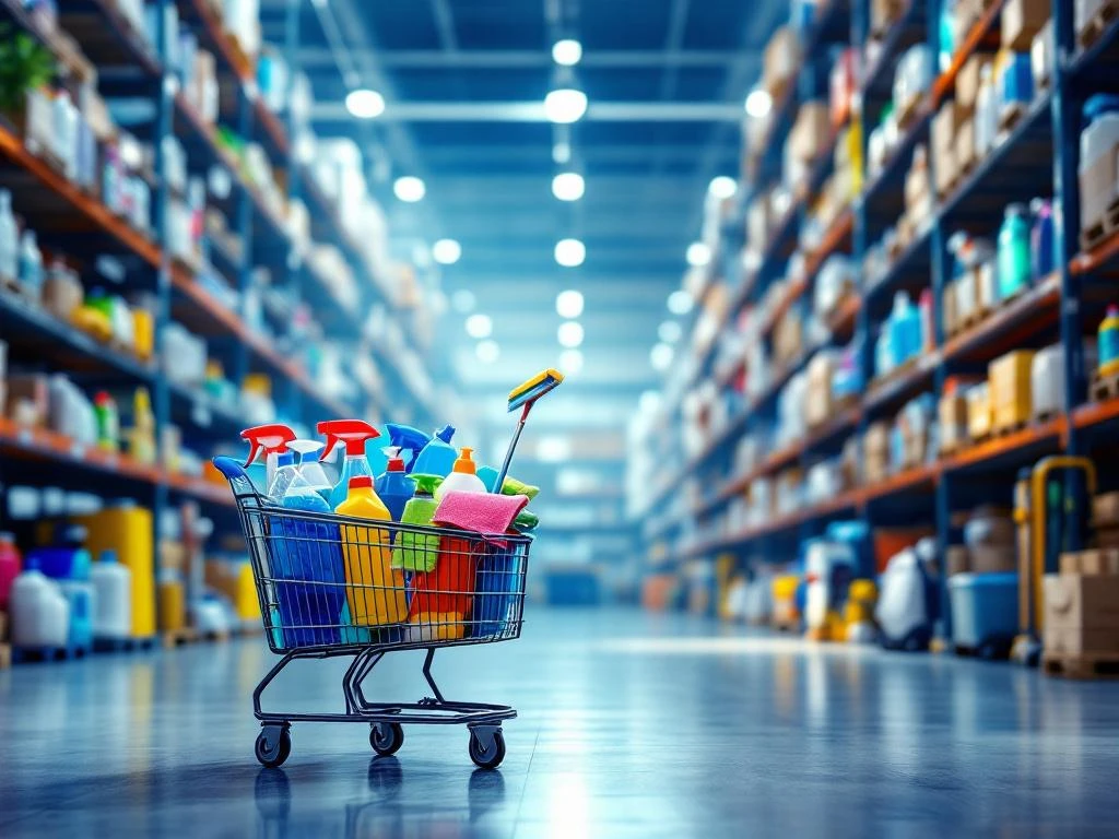 professionele-schoonmaakmiddelen-groothandel-magazijn.jpg Professionele schoonmaakbenodigdheden magazijn met winkelwagen vol reinigingsproducten tussen hoge stellingen