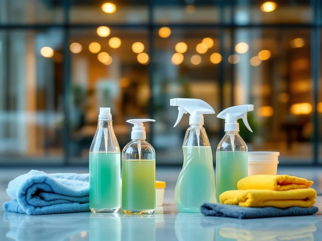 Professionele eco-vriendelijke schoonmaakproducten en spray flessen op tafel met modern gebouw op achtergrond