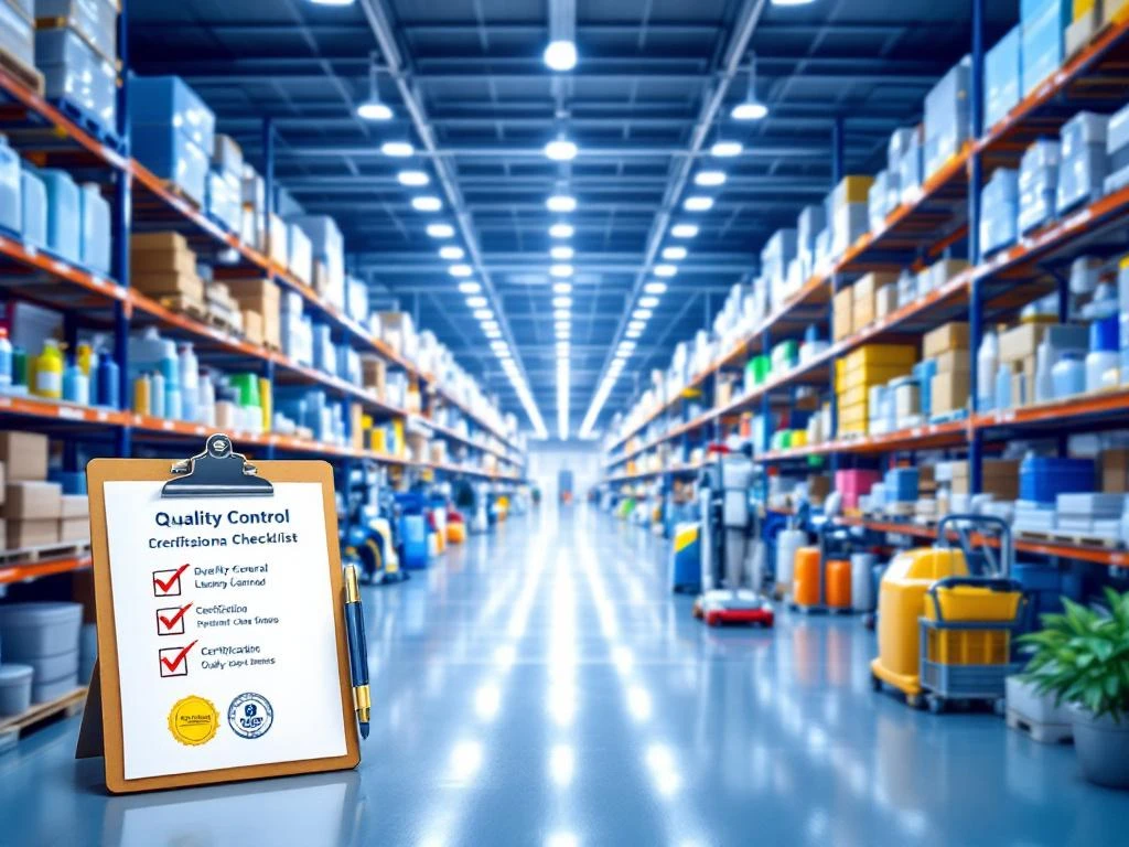 Bovenaanzicht van georganiseerde magazijn met professionele schoonmaakmiddelen, kwaliteitscontrolelijst en certificaten