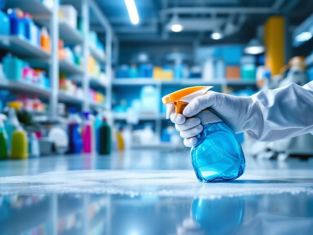 professionele-schoonmaakmiddelen-test-warehouse.jpg Handen in handschoenen testen professionele schoonmaakmiddelen in magazijn met witte stellingen vol kleurrijke flessen