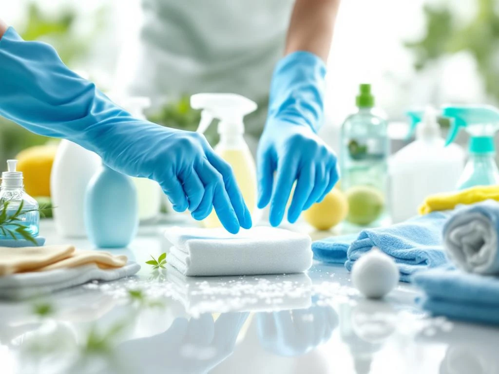Handen in blauwe schoonmaakhandschoenen selecteren professionele schoonmaakproducten op witte ondergrond