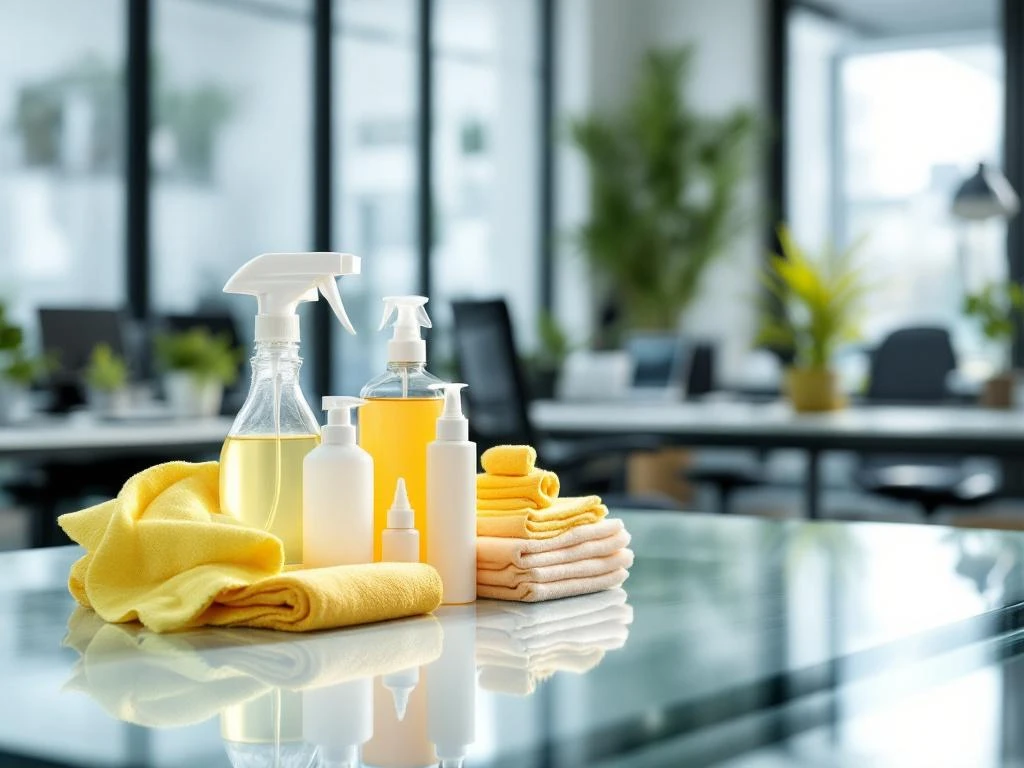 Professionele schoonmaakproducten op glazen bureau in moderne kantoorruimte met natuurlijk licht