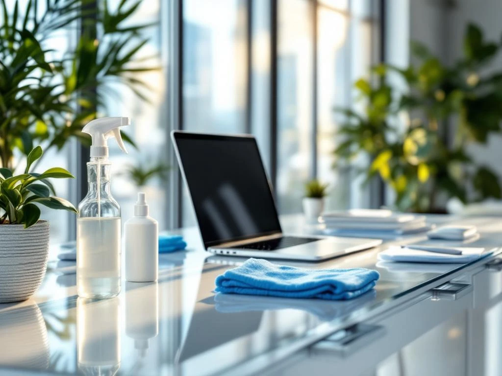 Schone moderne kantoorwerkplek met laptop, plant en georganiseerde benodigdheden op wit bureau bij raam