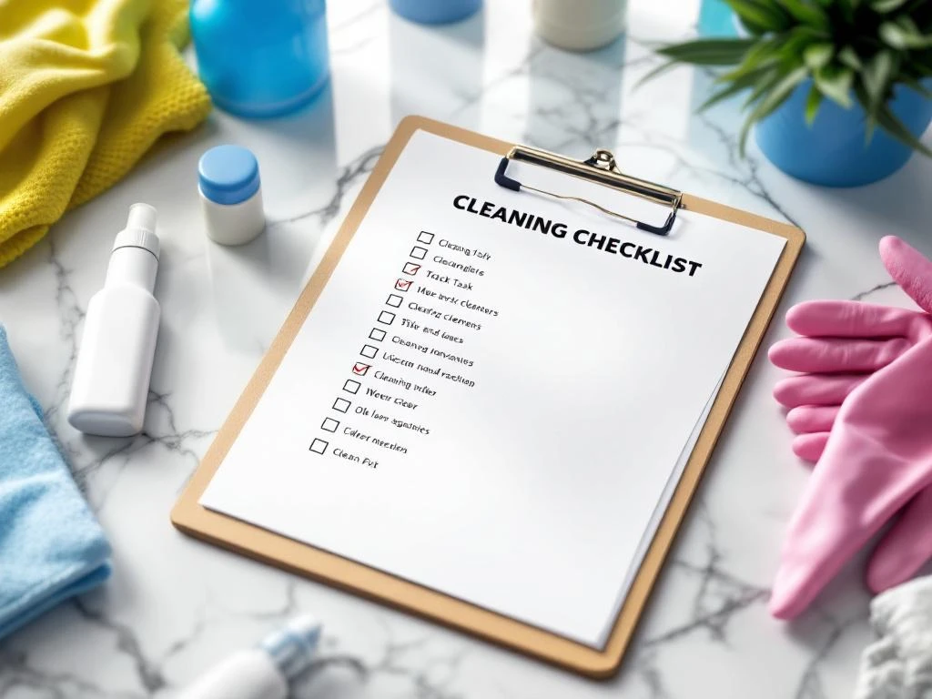 schoonmaak-checklist-klembord-professioneel.jpg Witte klembord met schoonmaak checklist op marmeren oppervlak, omringd door professionele schoonmaakbenodigdheden