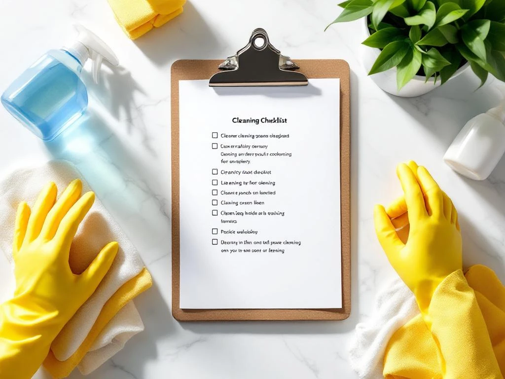 Georganiseerd schoonmaakstation van bovenaf met checklist op klembord, sprayflessen, microvezeldoeken en handschoenen