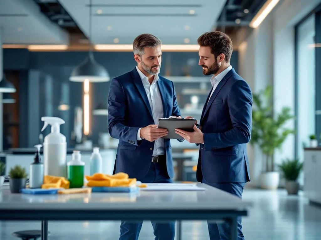Twee professionals bespreken schoonmaakdiensten in modern kantoor met eco-vriendelijke producten en apparatuur