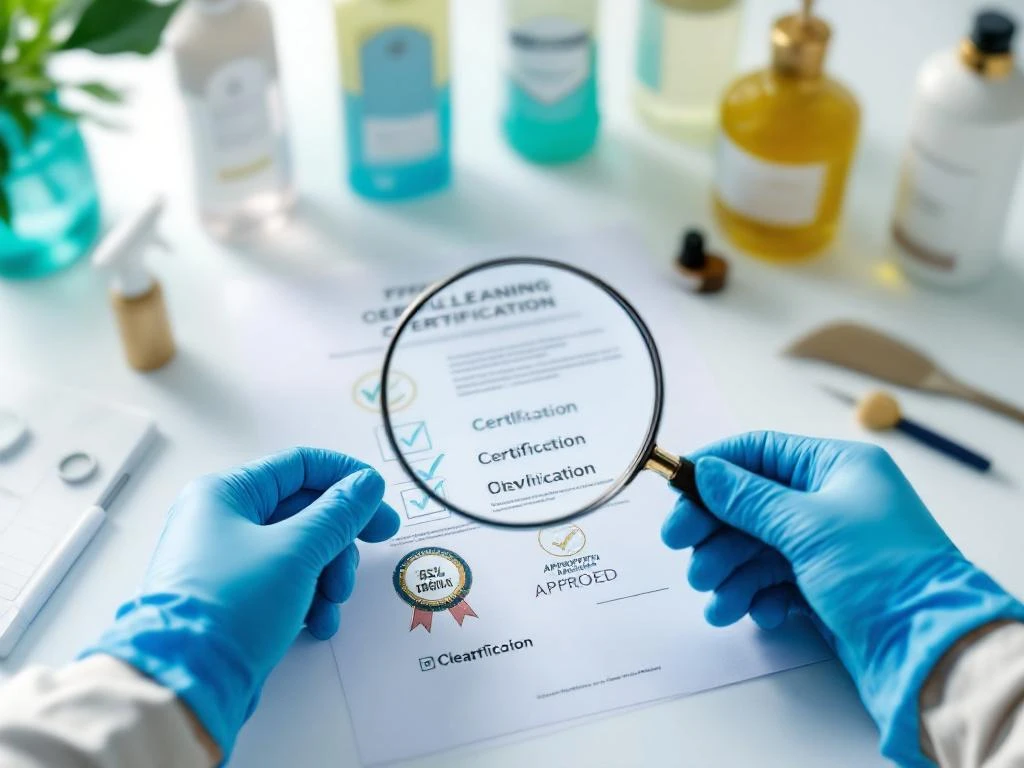 Handen in blauwe handschoenen houden vergrootglas boven certificaten en kwaliteitsbadges op wit bureau