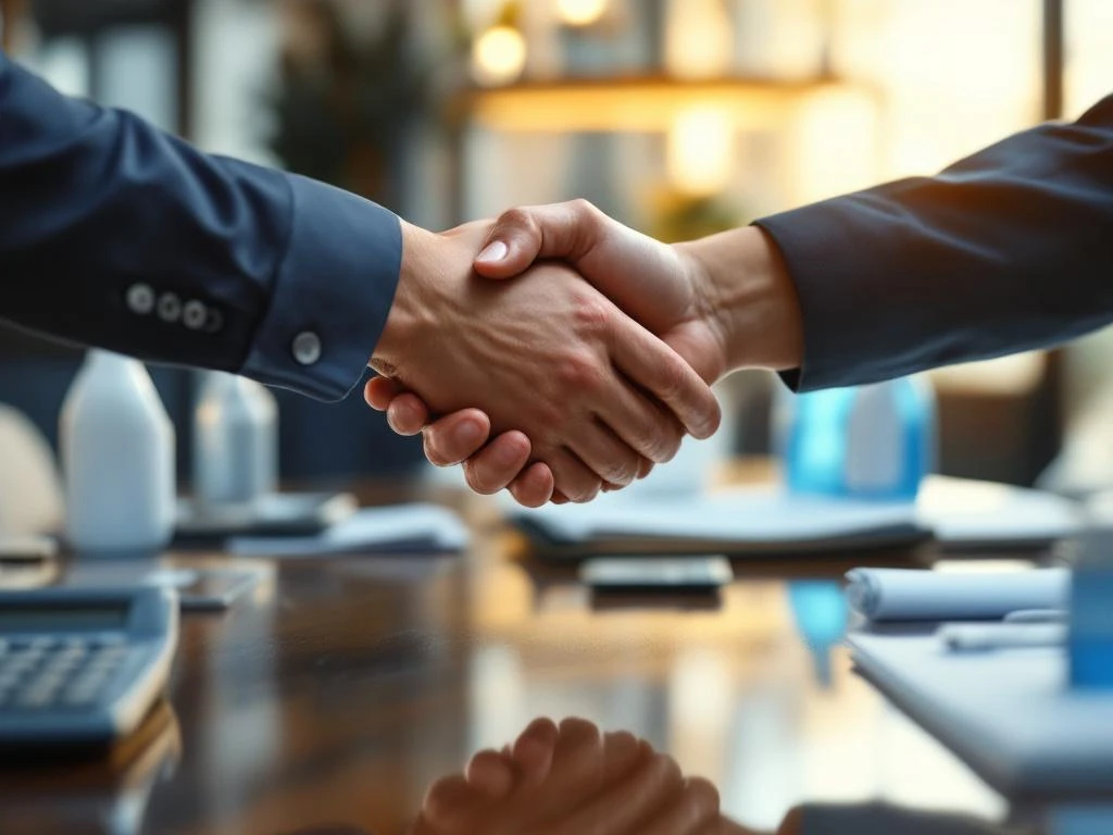 Zakelijke handdruk boven conferentietafel met schoonmaakproducten en contracten, professionele samenwerking