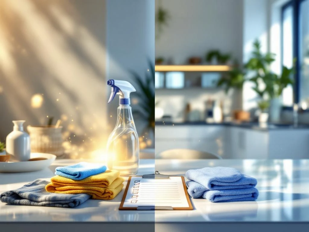 Voor en na huisschoonmaak transformatie met professionele schoonmaakbenodigdheden en checklist op klembord