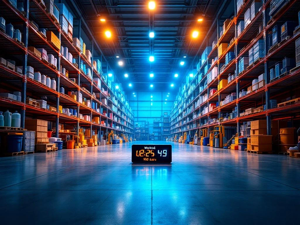 schoonmaak-magazijn-weekend-service-uren.jpg Moderne magazijn met hoge stellingen vol schoonmaakproducten, digitale klok toont weekenduren, professionele verlichting