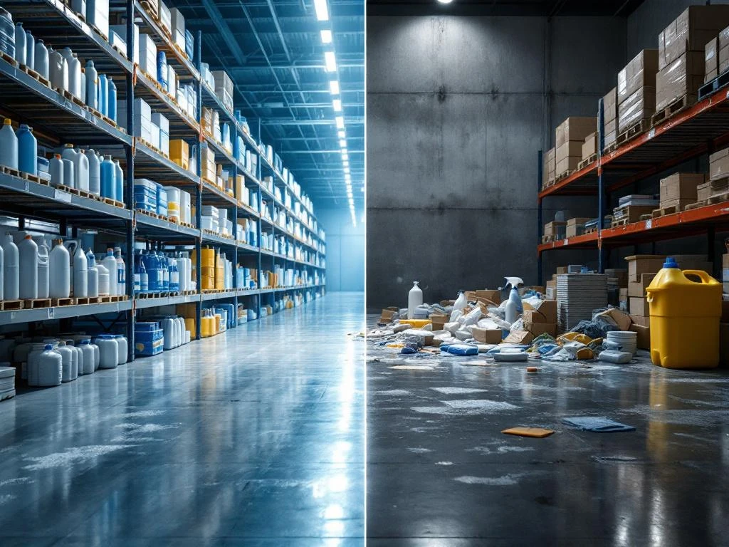 groothandel-schoonmaakmiddelen-kwaliteit-verschil.jpg Vergelijking van hoogwaardige versus beschadigde schoonmaakmiddelen in magazijnrekken met dramatische belichting