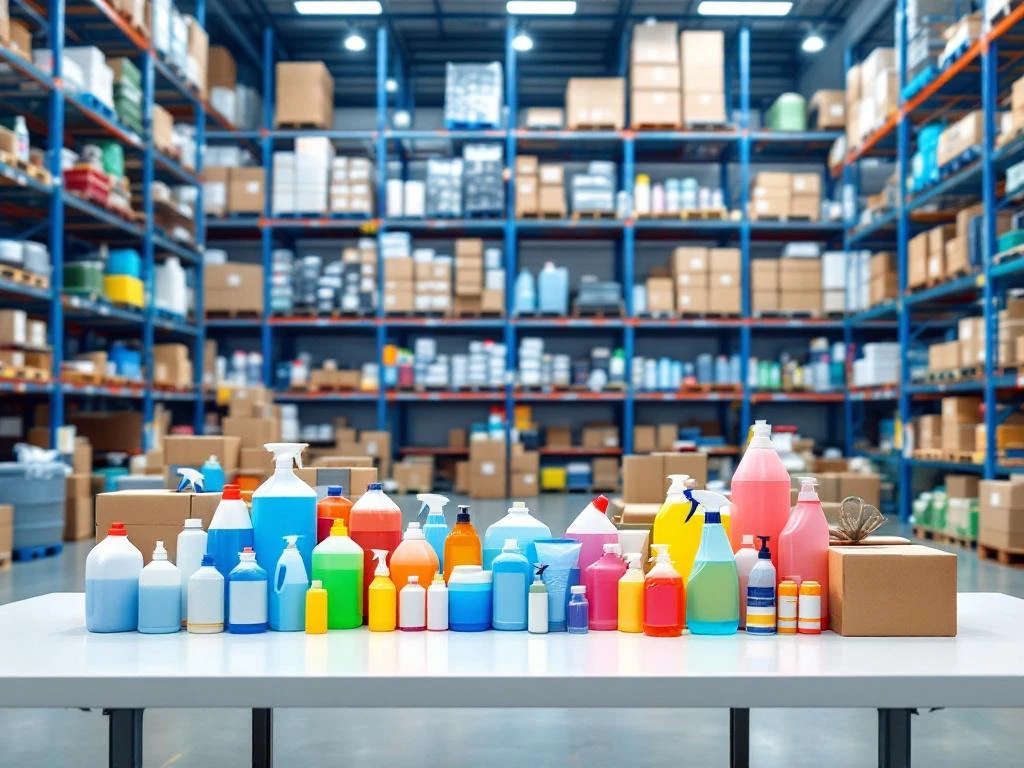 groothandel-schoonmaakmiddelen-magazijn-voorraad.jpg Professioneel magazijn met hoge schappen vol kleurrijke schoonmaakproducten en georganiseerde voorraad op witte tafel