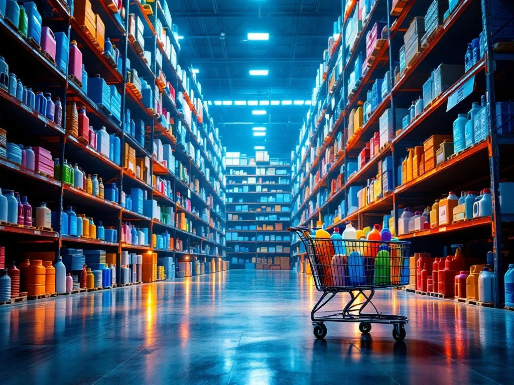 Professioneel schoonmaakproducten magazijn met hoge stellingen vol kleurrijke flessen en winkelwagen op voorgrond