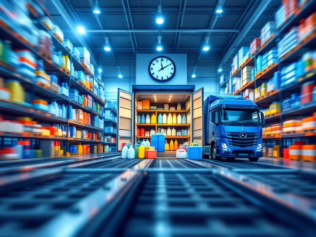Professioneel magazijn met schoonmaakproducten op hoge stellingen en bezorgwagen met open deuren klaar voor transport