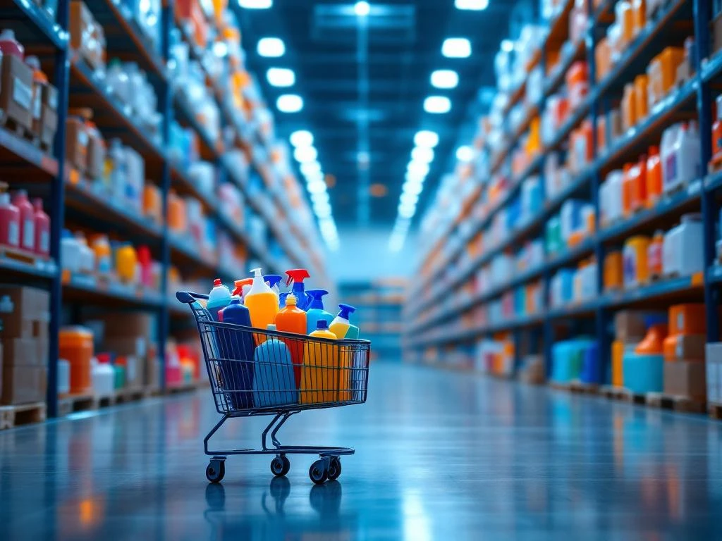 Magazijn met hoge schappen vol schoonmaakmiddelen en winkelwagen met producten op voorgrond