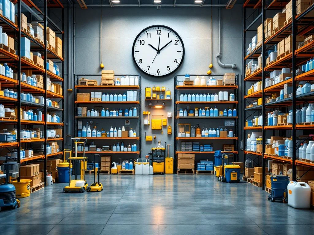 industriele-schoonmaakmiddelen-magazijn-voorraad.jpg Moderne schoonmaakmiddelenmagazijn met georganiseerde schappen vol industriรซle reinigingsproducten en apparatuur