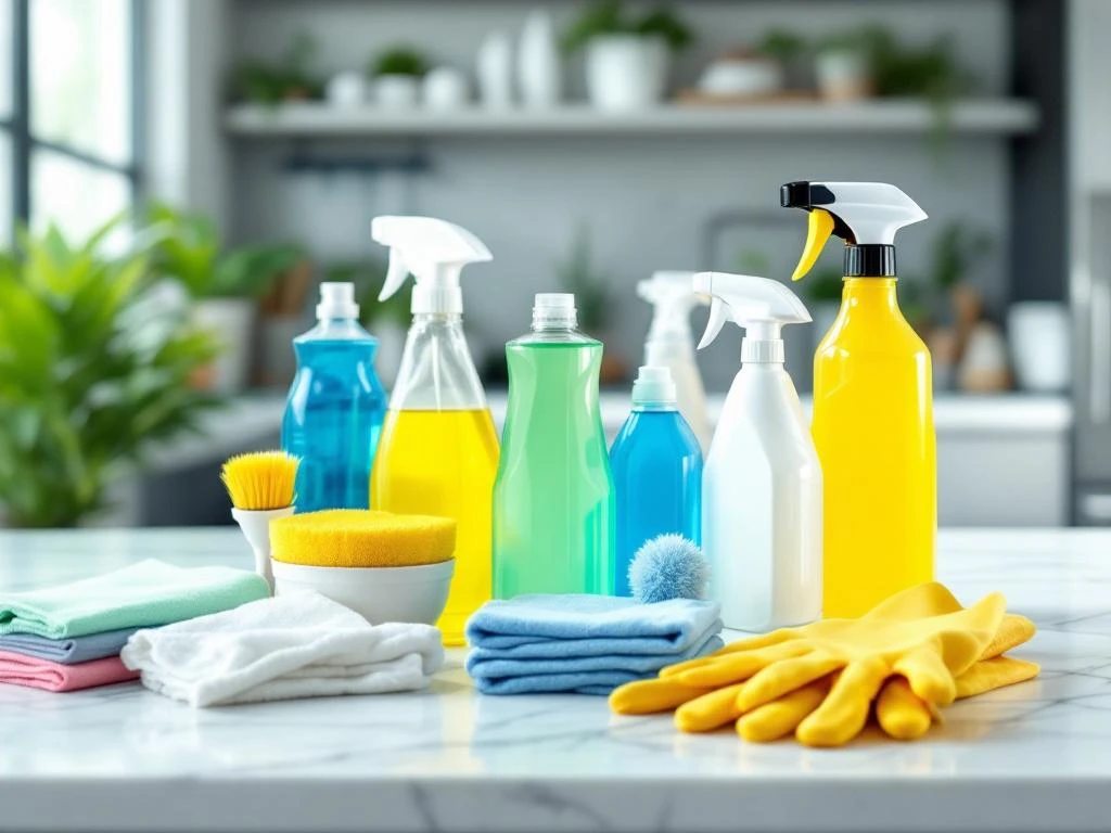 Schoonmaakproducten gerangschikt op wit marmeren oppervlak met sprayflessen, microvezeldoeken en handschoenen