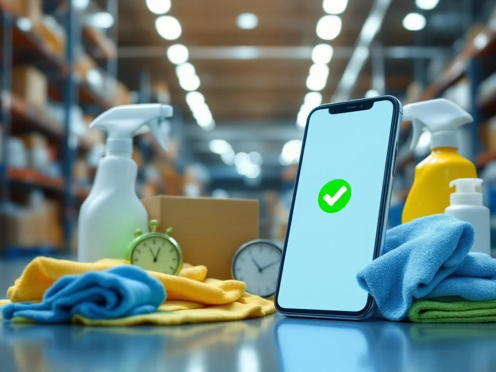 delivery-notification-smartphone-cleaning-supplies.jpg Smartphone toont bezorgnotificatie met groen vinkje, omringd door professionele schoonmaakbenodigdheden in magazijn