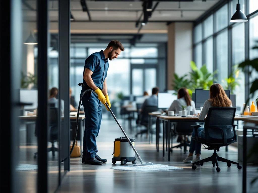 Professionele schoonmaker werkt discreet met stille apparatuur in modern kantoor terwijl medewerkers doorwerken