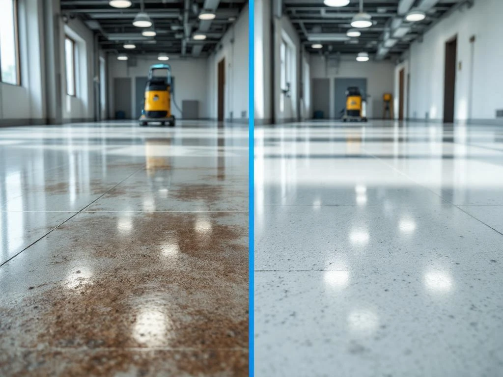 vloer-strippen-voor-na-vergelijking-commercieel.jpg Voor en na vergelijking van commerciรซle vloer: links versleten met krassen, rechts glanzend gerestaureerd oppervlak