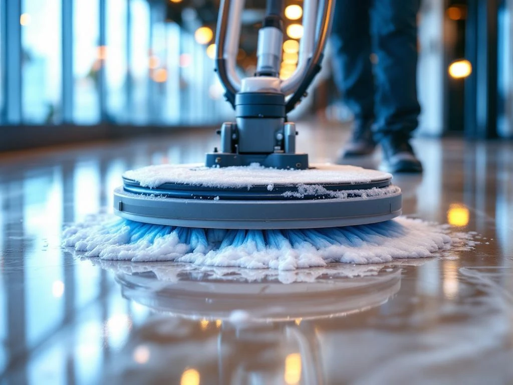 Industriële vloerstripmachine in actie op glanzende commerciële vloer met schuim en reinigingsoplossing zichtbaar