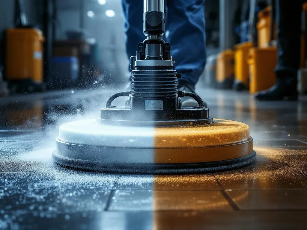 Professionele vloerstripmachine in actie met heldere en vervuilde stripoplossing op commerciële tegelvloer
