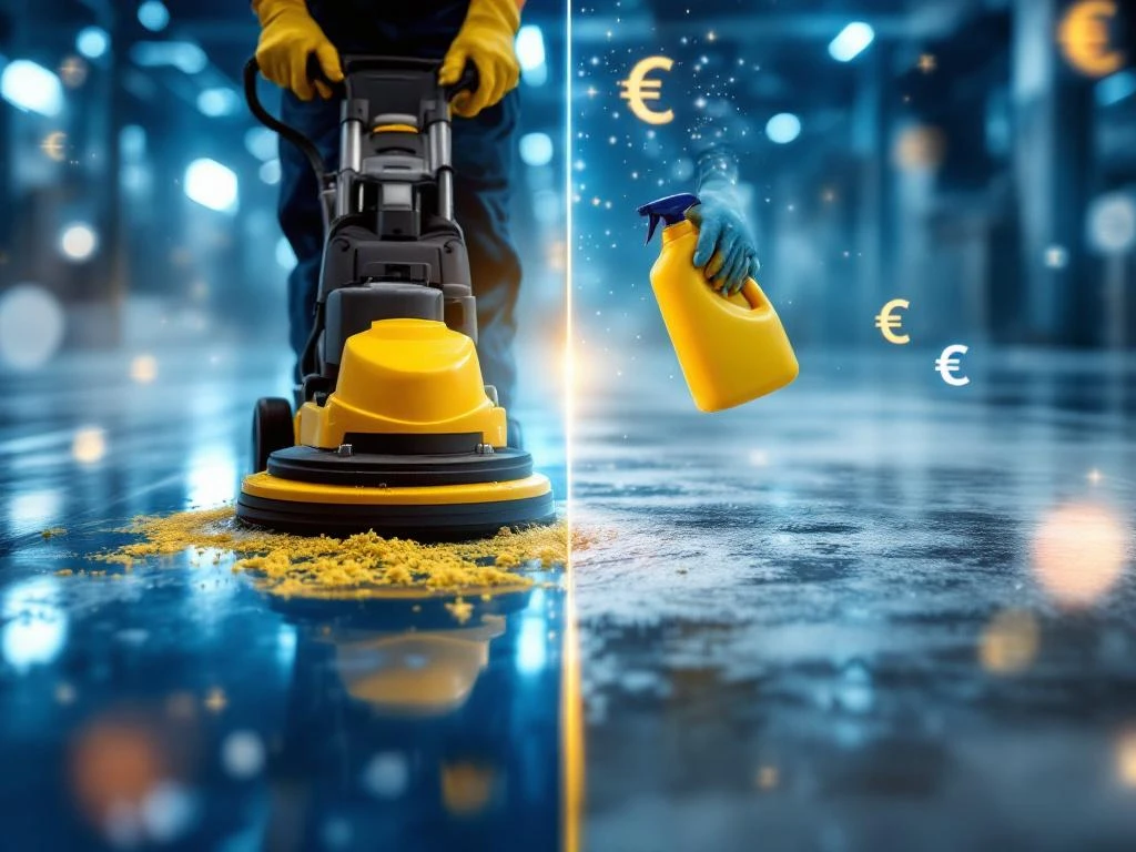 Professionele vloerstripmachine versus handmatige schoonmaak met basisgereedschap, kostenvergelijking in blauw-wit