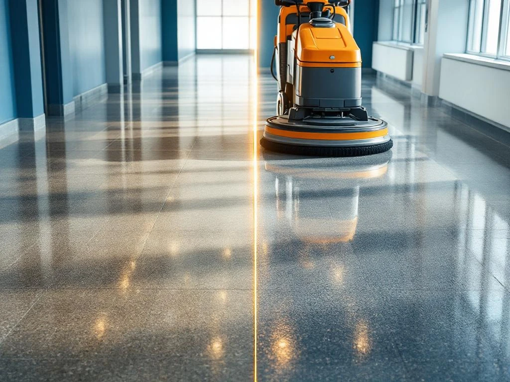 commerciele-vloer-strippen-voor-na-transformatie.jpg Commerciรซle vloer wordt gestript met professionele machine, toont transformatie van versleten naar schone vloer