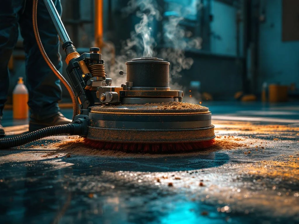 Defecte vloerstripmachine op industriële vloer met wasopresten, verstopte borstel en gereedschap voor reparatie