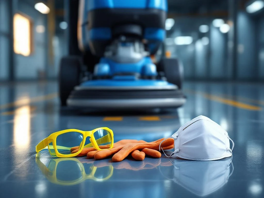 Professionele vloerstripper machine met veiligheidsbril, handschoenen en masker op glanzende commerciële vloer