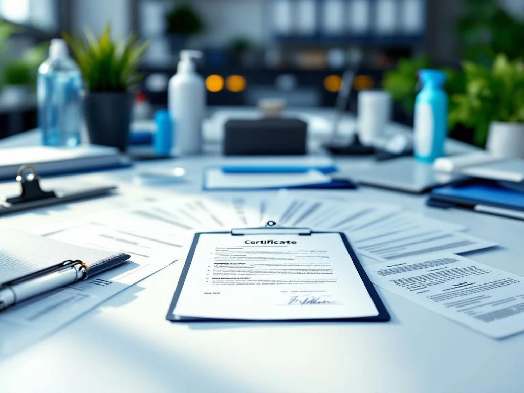 Georganiseerde zakelijke documenten met stempels en handtekeningen op moderne kantoorbureau met schoonmaakbenodigdheden