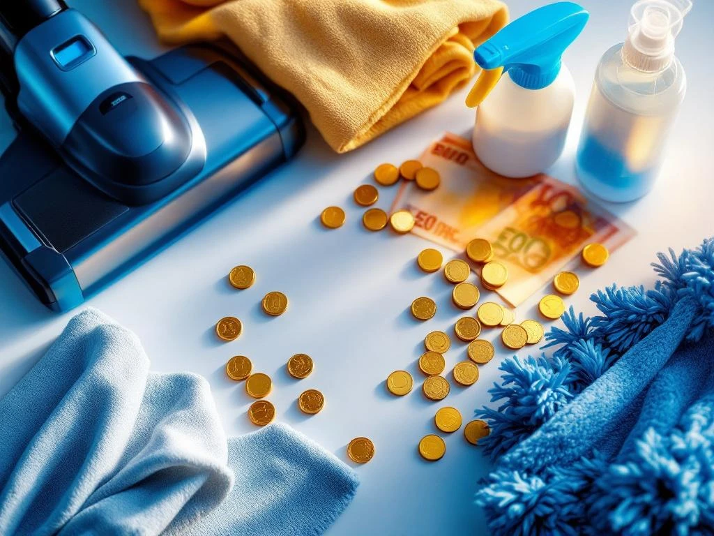 commerciele-schoonmaak-apparatuur-geld-verdienen.jpg Professionele schoonmaakapparatuur met gouden munten en eurobiljetten op witte ondergrond, symboliseert verdiensten