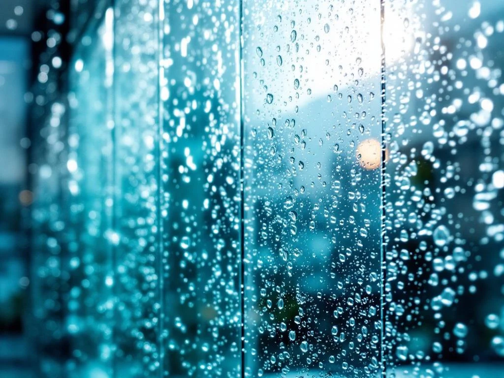 pure-water-glass-cleaning-droplets-reflection.jpg Glazenreiniger gebruikt gedemineraliseerd water op verschillende glaspanelen, waterdruppels creรซren prismatische effecten