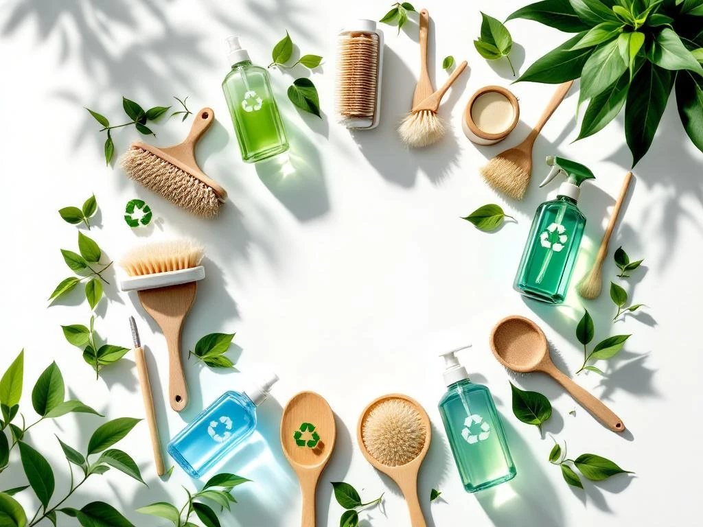 Circulaire opstelling van milieuvriendelijke schoonmaakmiddelen met glazen sprayflessen, bamboe borstels en houten gereedschap