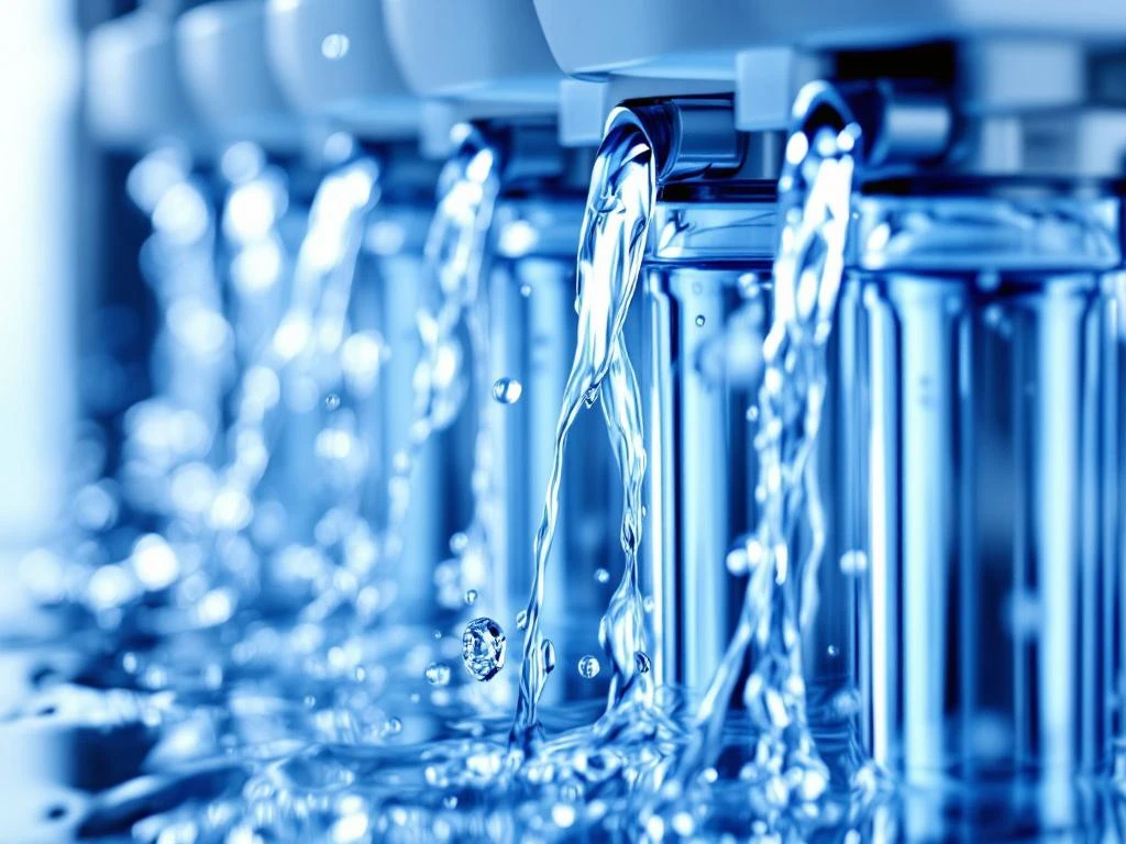 reverse-osmosis-water-filter-system-purification.jpg Kristalhelder water stroomt door moderne omgekeerde osmose filterinstallatie met meerdere cilindervormige filterstadia