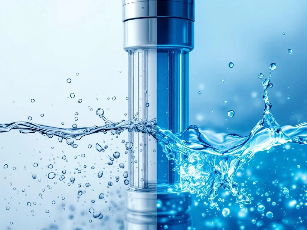 Omgekeerde osmose filtersysteem toont schoon water links en vervuild water rechts tijdens zuiveringsproces
