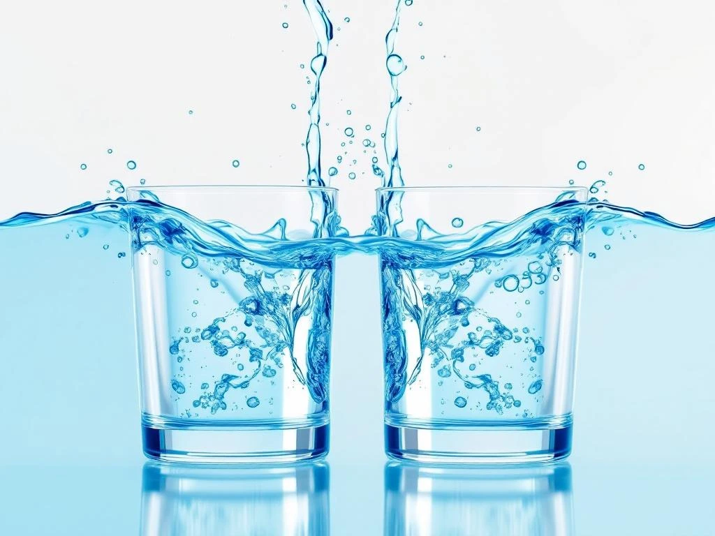 osmose-water-gedemineraliseerd-water-vergelijking.jpg Twee kristalheldere waterstromen: osmose water links en gedemineraliseerd water rechts, met laboratoriumapparatuur