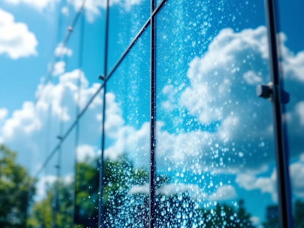 osmose-water-ramen-reiniging-glasgebouw-technologie.jpg Professioneel schoonmaaksysteem reinigt glazen gevel met osmosewater, heldere ramen reflecteren blauwe lucht