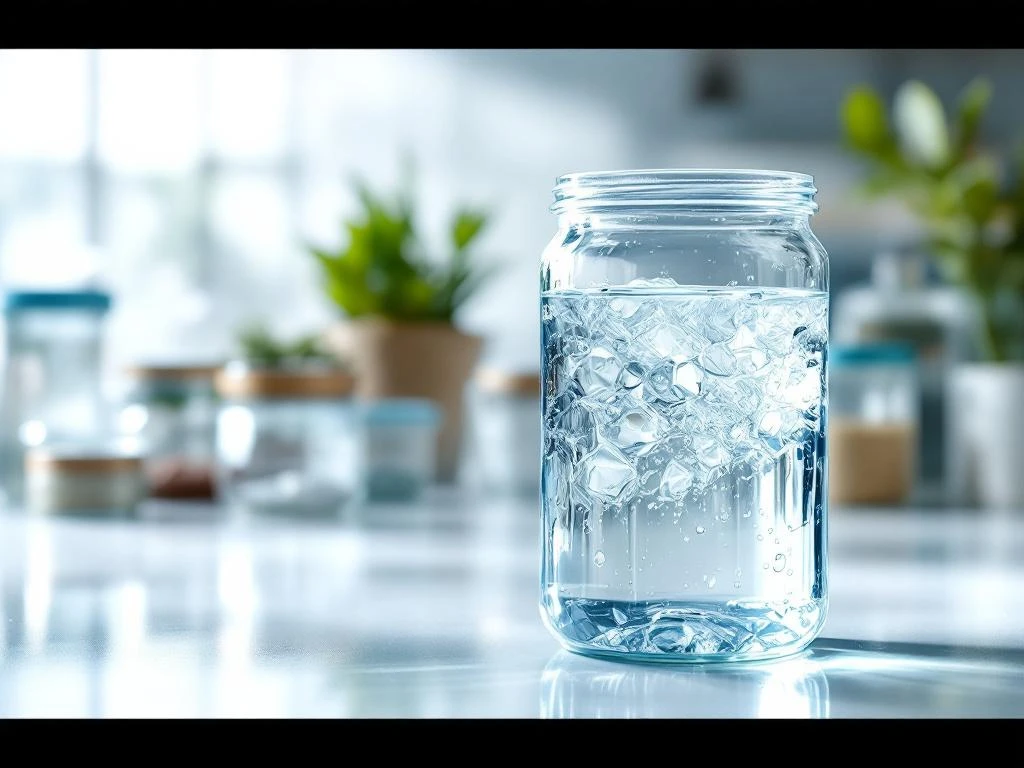 osmose-water-opslag-containers-laboratorium.jpg Glazen container met kristalhelder osmosewater op laboratoriumtafel, met verschillende wateropslagcontainers op achtergrond