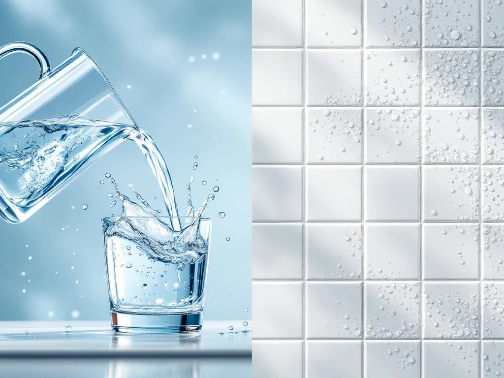 osmose-water-kalk-afzetting-vergelijking.jpg Heldere osmosewater uit glazen kan tegenover witte tegels met kalkaanslag en limescale afzettingen