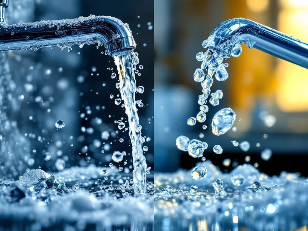 osmose-water-kalkafzetting-voor-na-resultaat.jpg Voor en na vergelijking van chromen kraan met kalkaanslag links en schone oppervlakken rechts na osmosewater behandeling